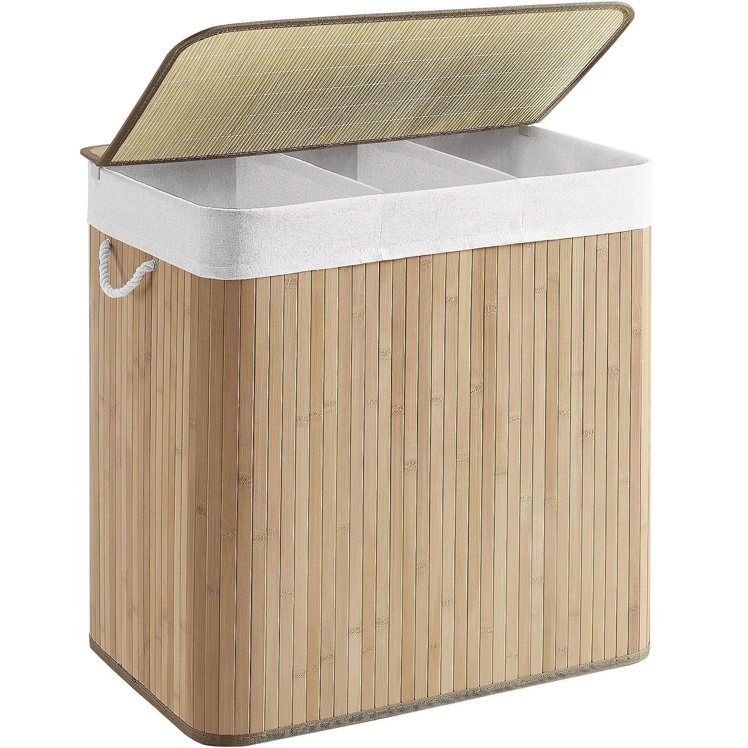 SONGMICS Cos de rufe din bambus, pliabil, cu captuseala detasabila lavabila, 3 compartimente, 150L, 60x40x60cm, natural