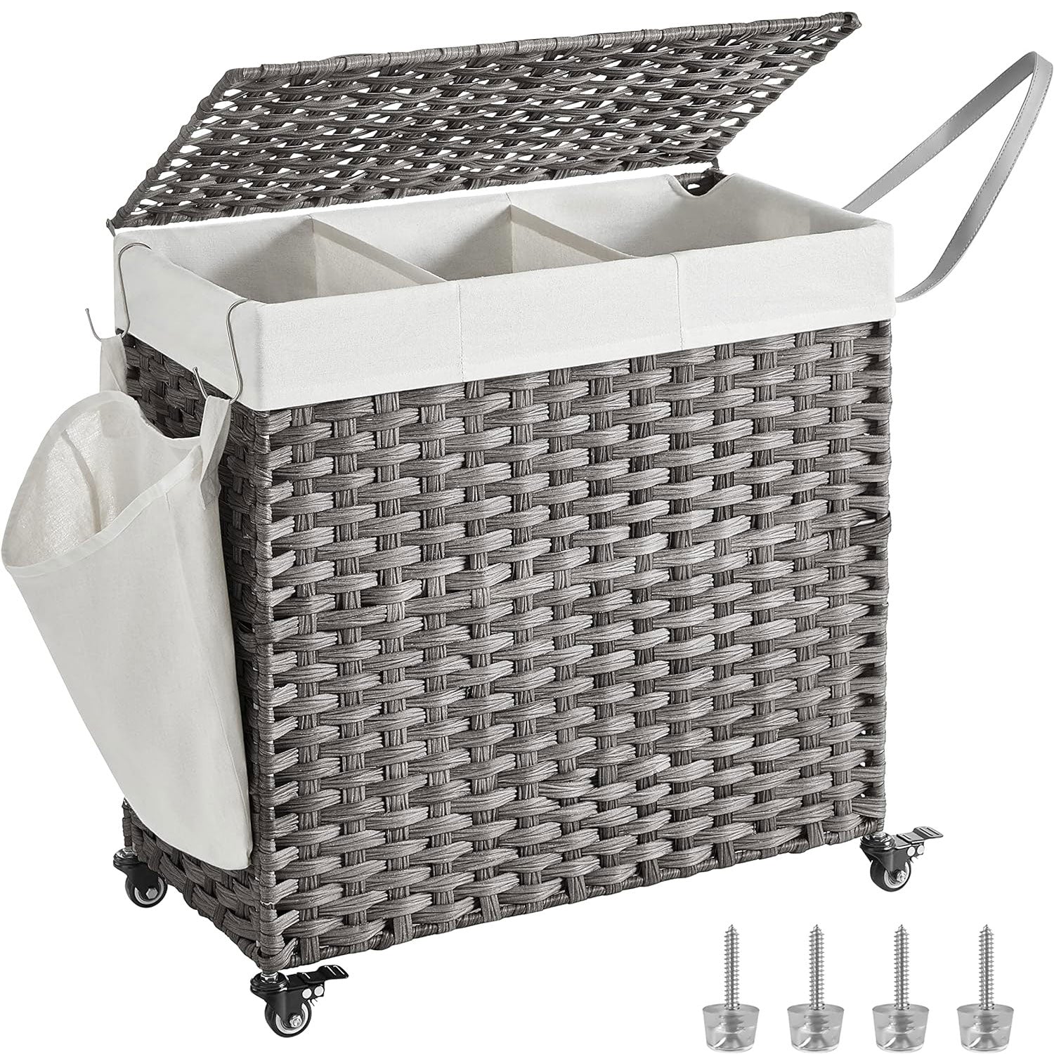 SONGMICS Cos de rufe tesut manual, cu captuseala detasabila lavabila, 3 compartimente, stil ratan, 140 litri, 66x33x60 cm, gri