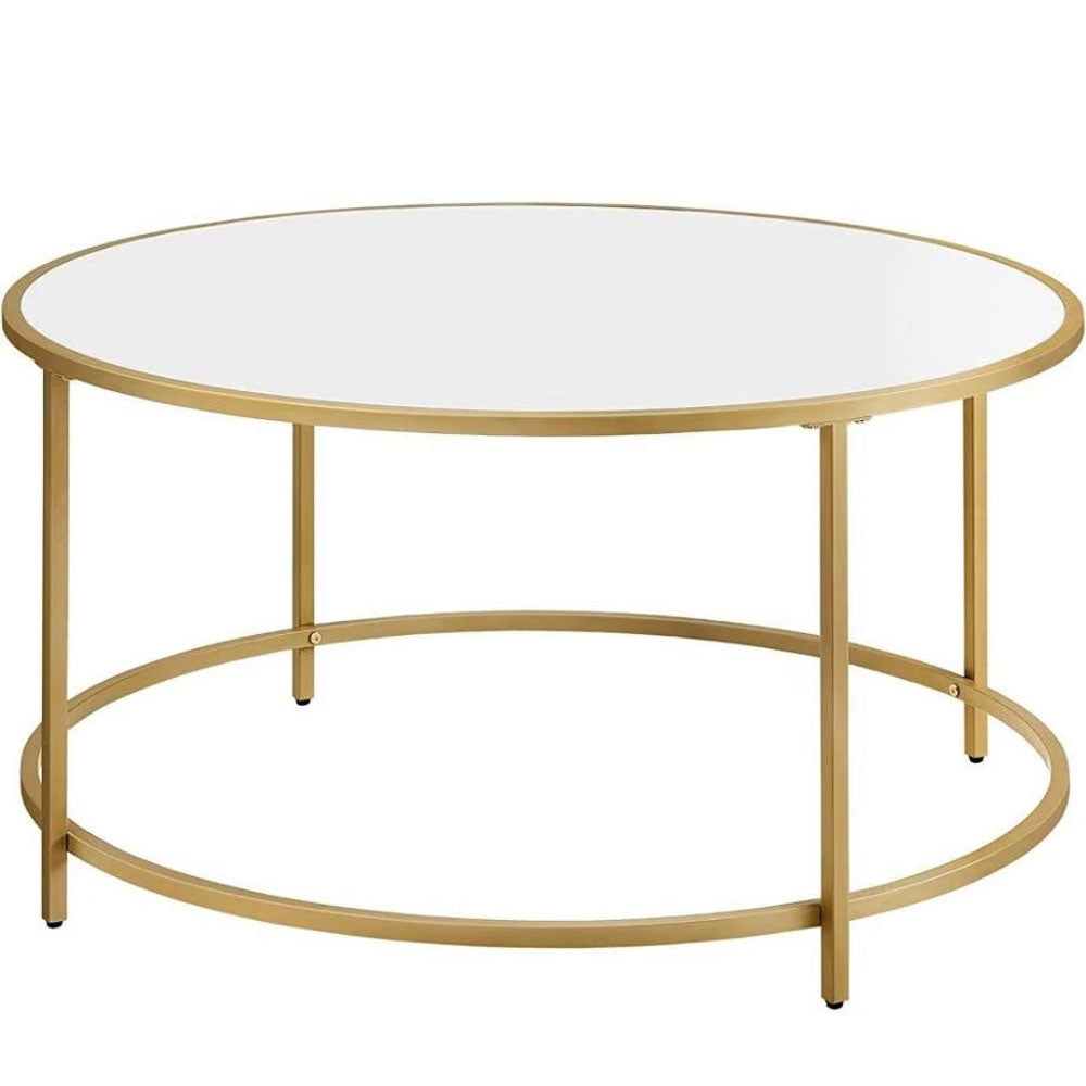 VASAGLE Masa de cafea rotunda, din sticla securizata cu cadru metalic, 84x84x45cm, auriu