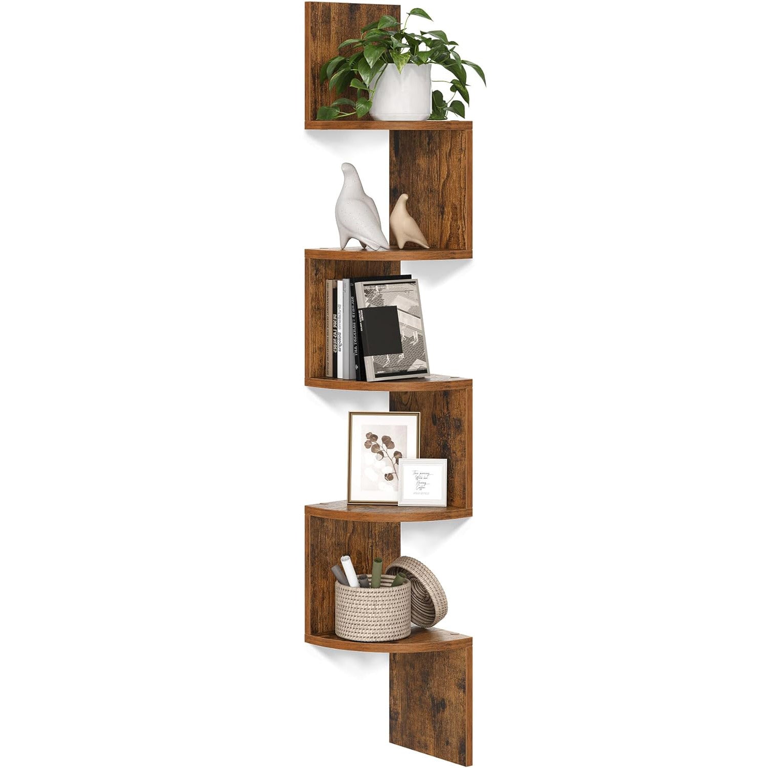 Raft de colt plutitor pe 5 niveluri, din lemn, 20x20x128cm, maro rustic