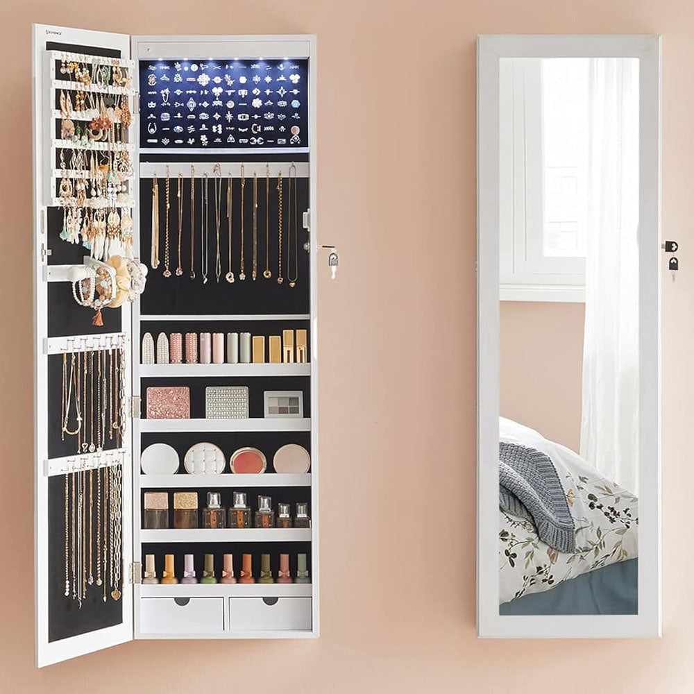 SONGMICS Dulap de bijuterii cu oglinda, montare pe perete, incuietoare, 37x10x120cm, alb