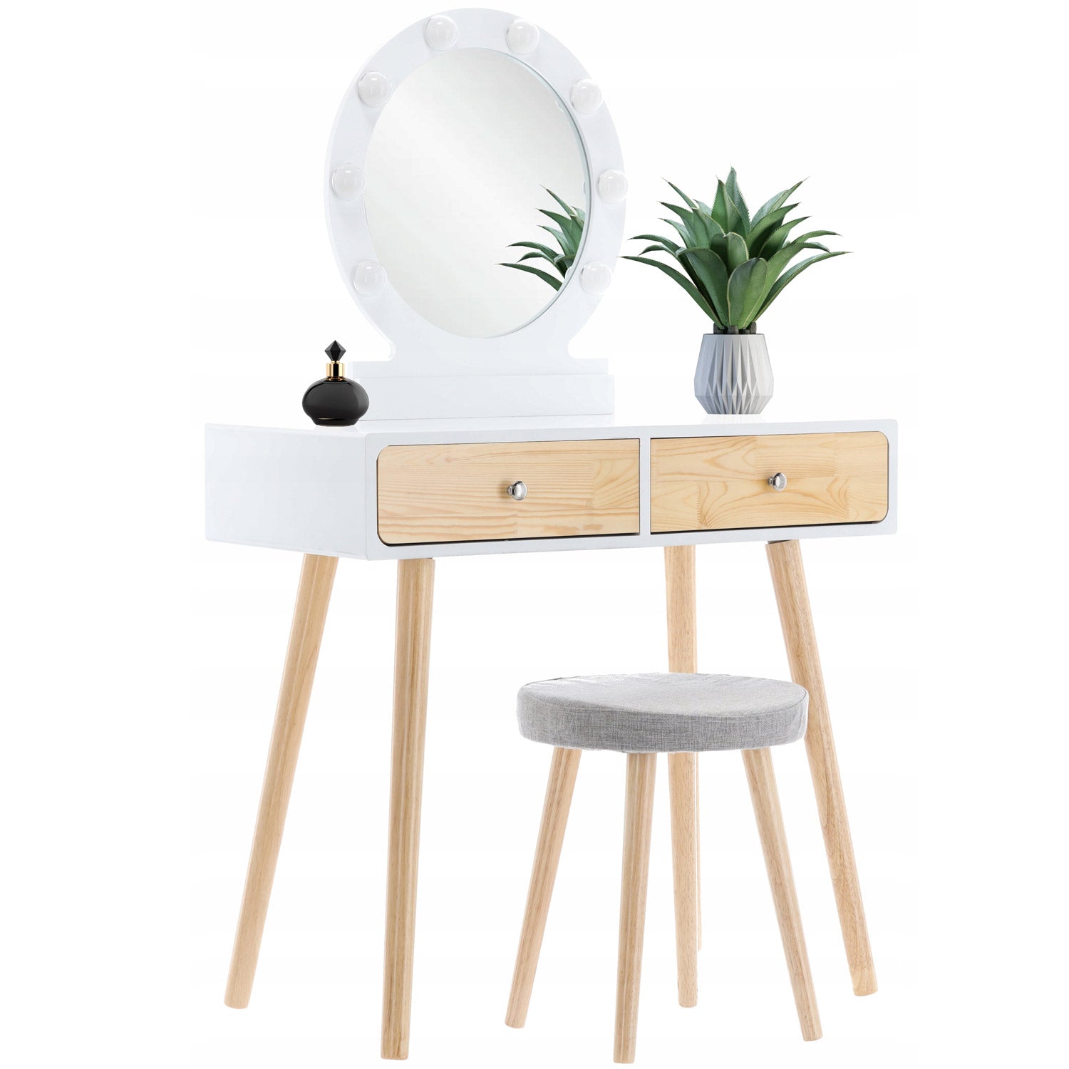 Set masa de toaleta si machiaj cu taburet, Scandinav, oglinda, iluminare LED, 75x45x130 cm, alba