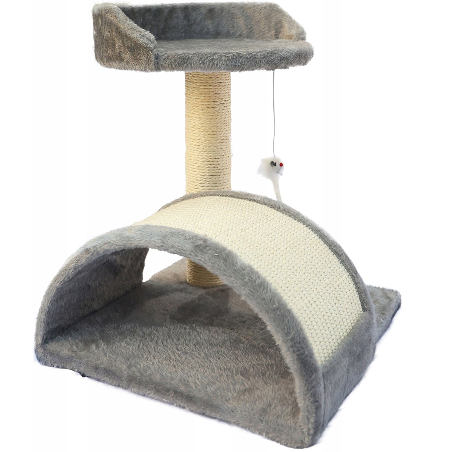 Ansamblu de joaca pentru pisici, cu culcus si loc pentru zgariat, minge, 43cm, gri