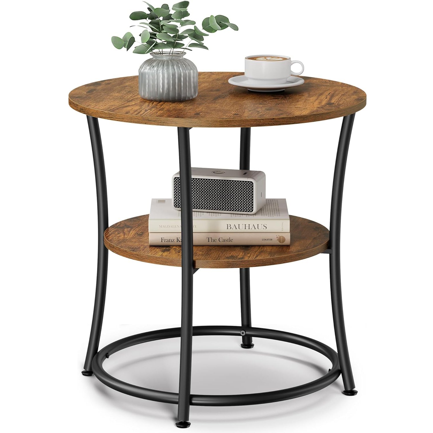 VASAGLE Masuta laterala rotunda, tip noptiera, cu 2 rafturi, cadru de otel, 55x55cm, maro rustic