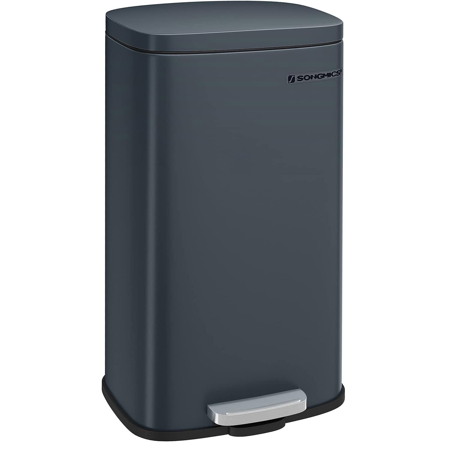 SONGMICS Cos de gunoi din otel cu pedala, galeata interioara plastic, capac inchidere lenta, 30L, 35x30x63cm, gri inchis
