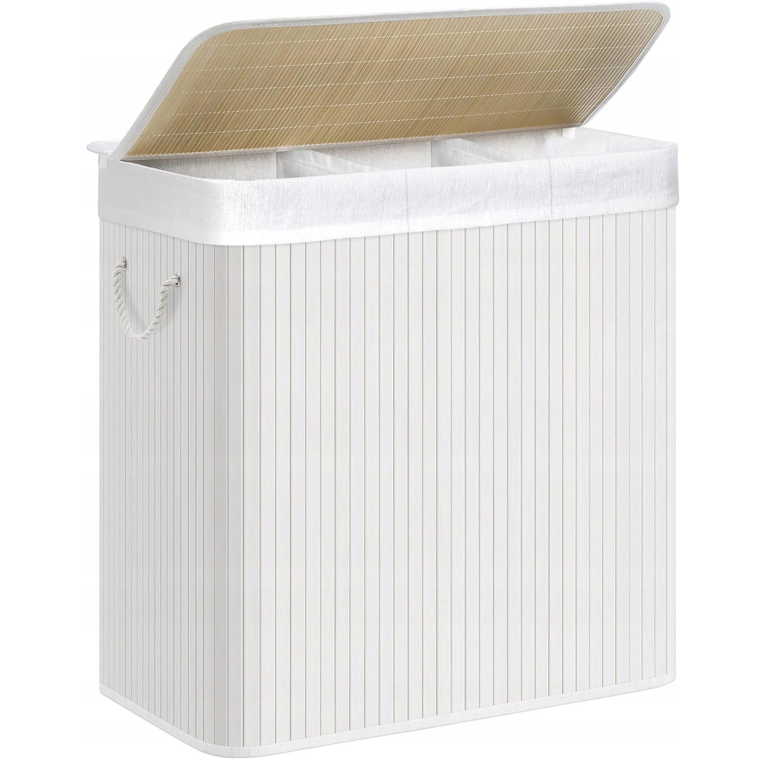 SONGMICS Cos de rufe din bambus, pliabil, cu captuseala detasabila lavabila, 3 compartimente, 150L, 60x40x62cm, alb