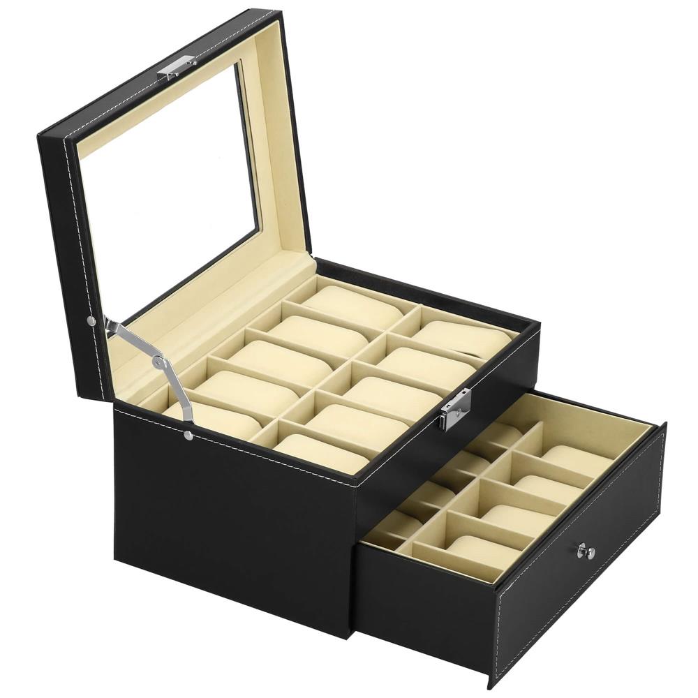 Cutie depozitare si organizare ceasuri, MDF, piele ecologica, 28x20x16,5cm, negru interior crem