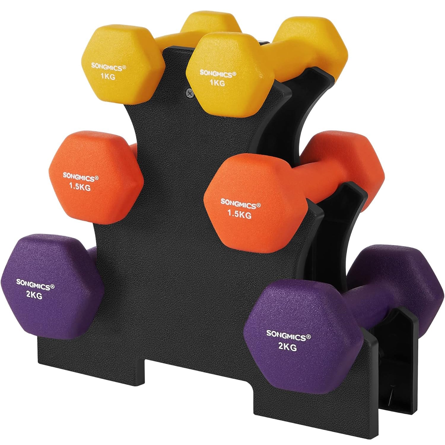 SONGMICS Set de 6 gantere hexagonale cu suport, 2x1kg 2x1.5kg 2x2kg, multicolor