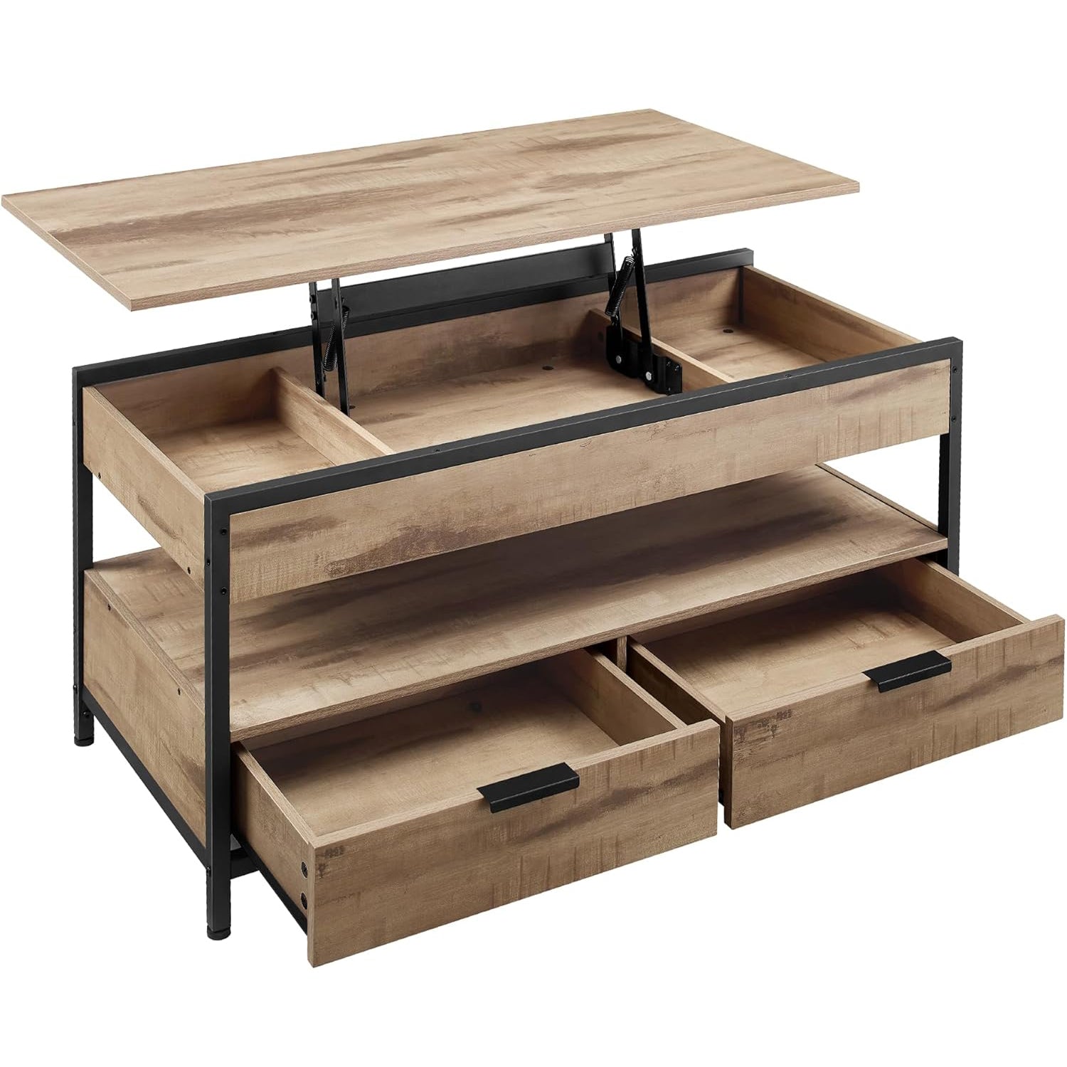 VASAGLE Masuta de cafea cu blat rabatabil 100x50 cm, 5 compartimente, stil industrial, PAL si otel, maro-negru