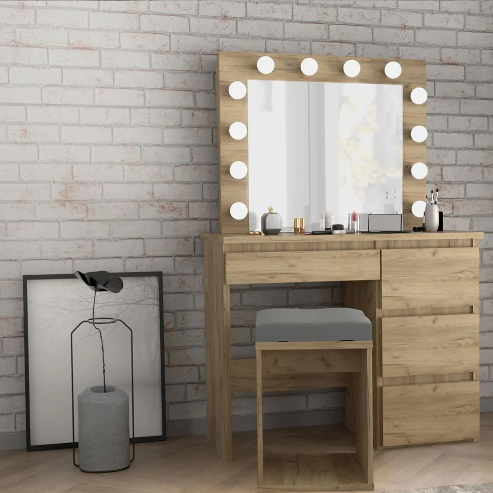 Masa de toaleta si machiaj Hollywood cu oglinda LED si 4 sertare, 94x43x140 cm, craft - 3