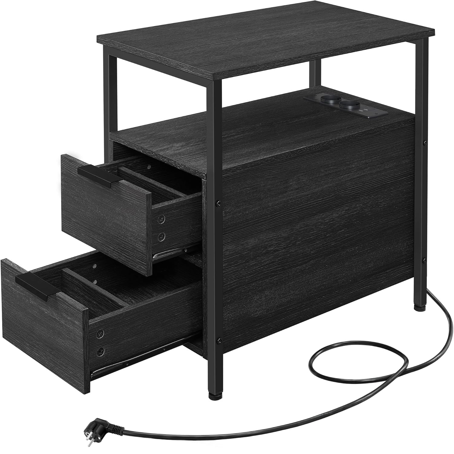 VASAGLE Noptiera 60x35x61 cm, cu 2 sertare, rafturi si priza incorporata, PAL si otel, gri antracit si negru
