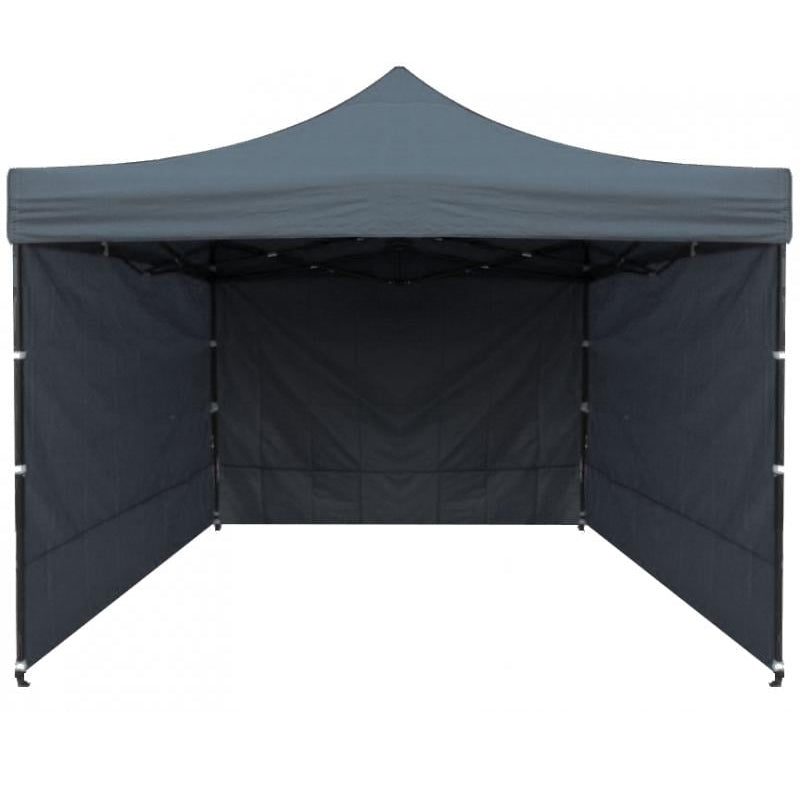 Cort tip pavilion cu 3 pereti laterali, structura solida otel si acoperis impermeabil PVC, 3x3 m cu inaltime reglabila, gri