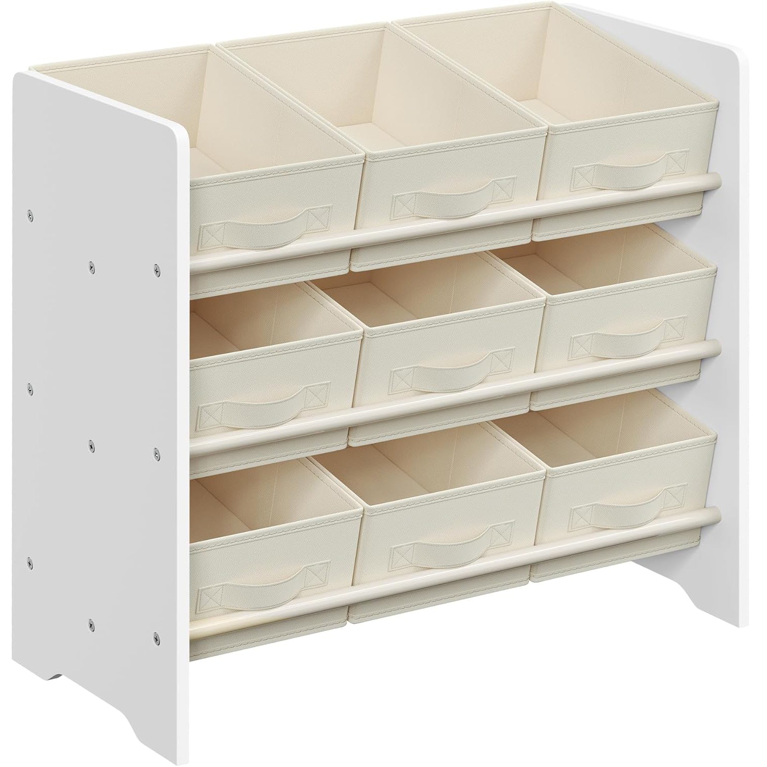 SONGMICS Raft jucarii si carti 63x30x60 cm, cu 9 cutii textile detasabile, MDF, alb