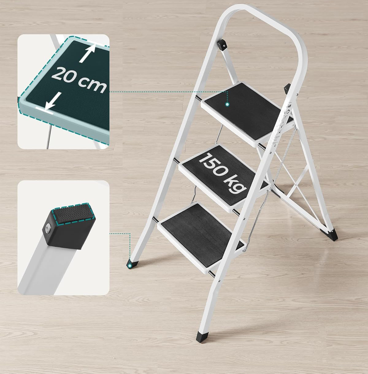 SONGMICS Scara pliabila cu 3 trepte, sarcina 150 kg, otel, 47x75x105 cm, alb si negru