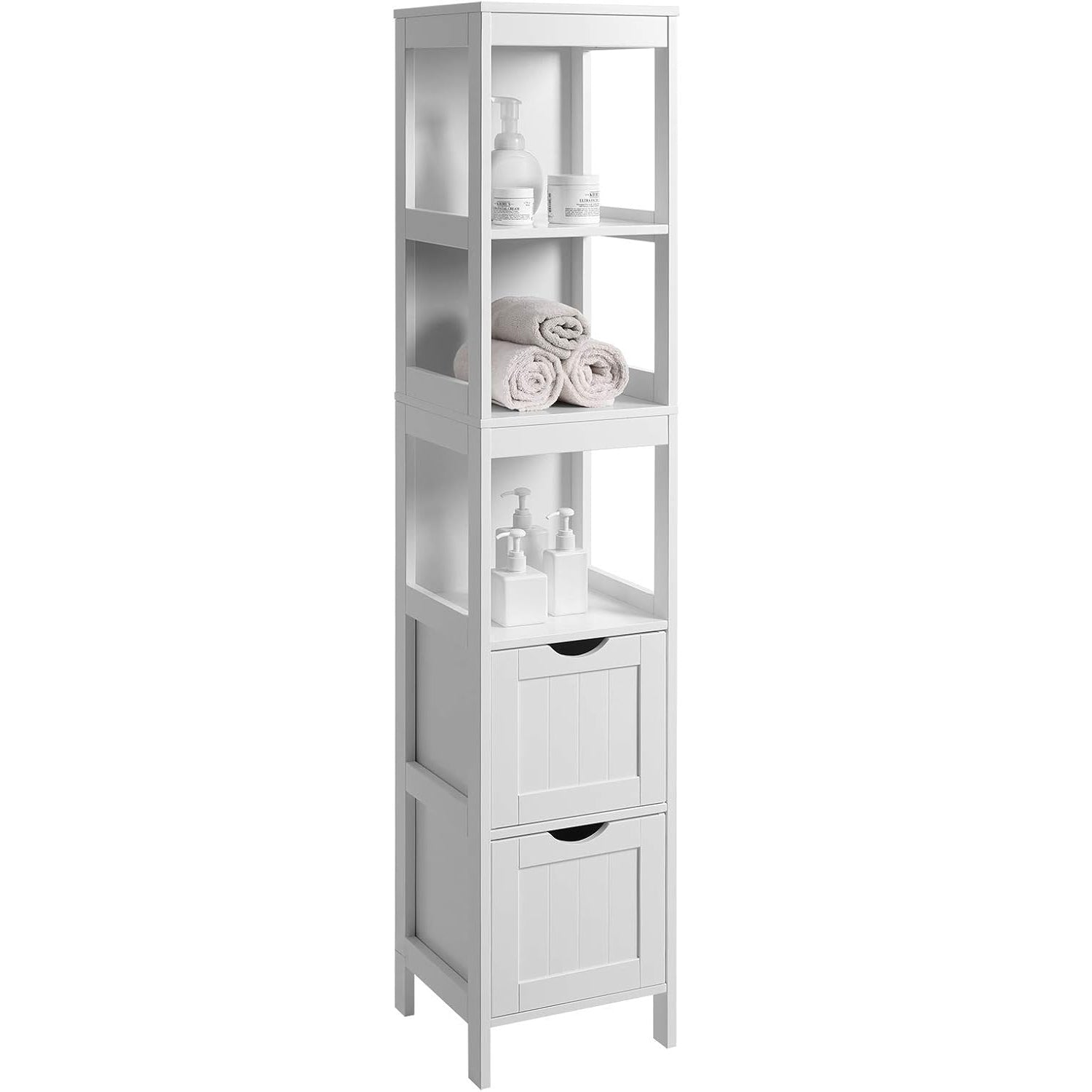 VASAGLE Dulap de baie tip coloana, din MDF, cu 2 sertare si 3 rafturi, 30x30x142 cm, alb