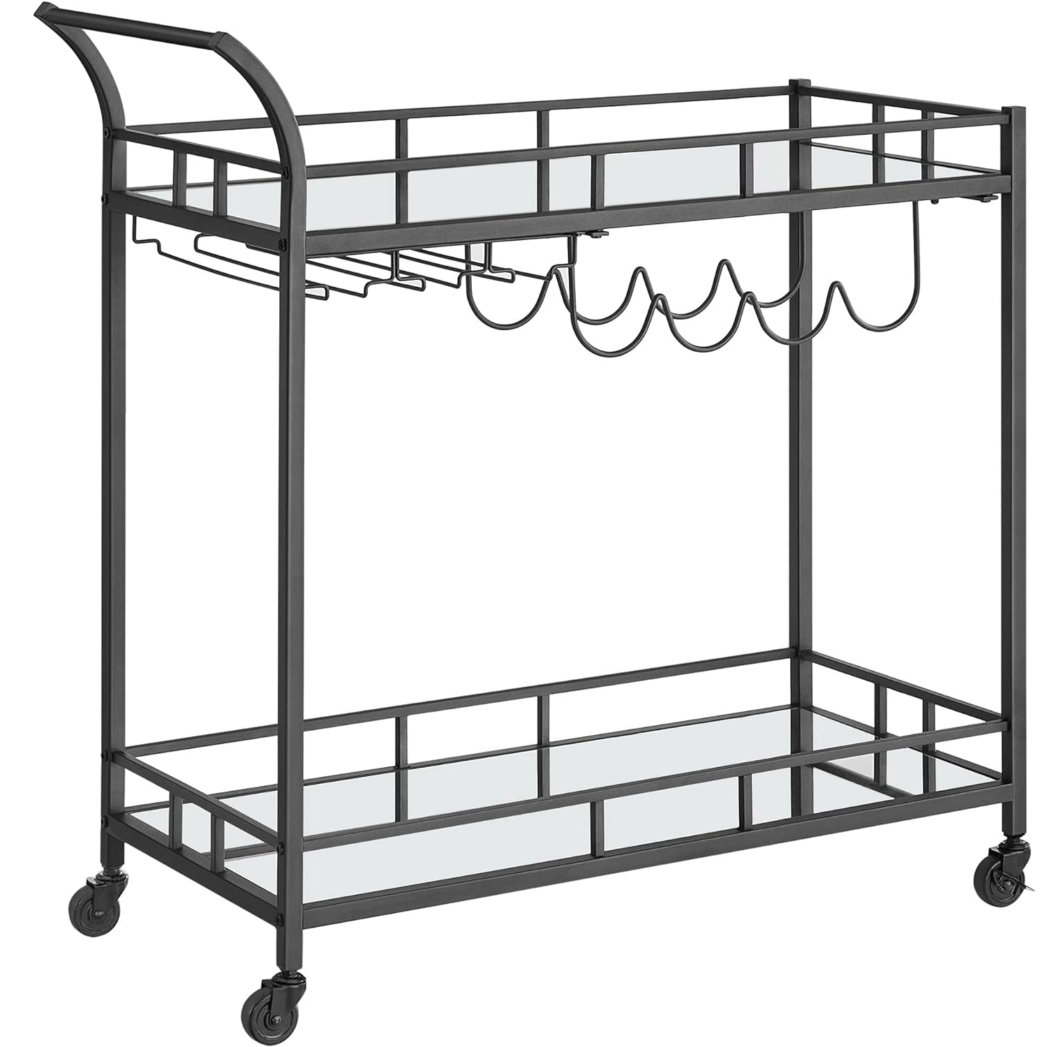 VASAGLE Carucior de servire pentru vin, suport sticle si pahare, cu 2 rafturi din sticla, 38x86x90 cm, negru