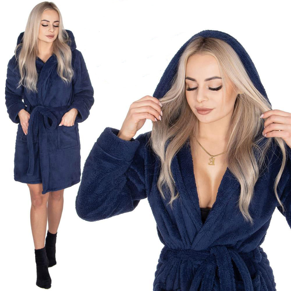 Halat de baie pentru femei pana la genunchi, cu gluga, marimea L/XL, albastru marin