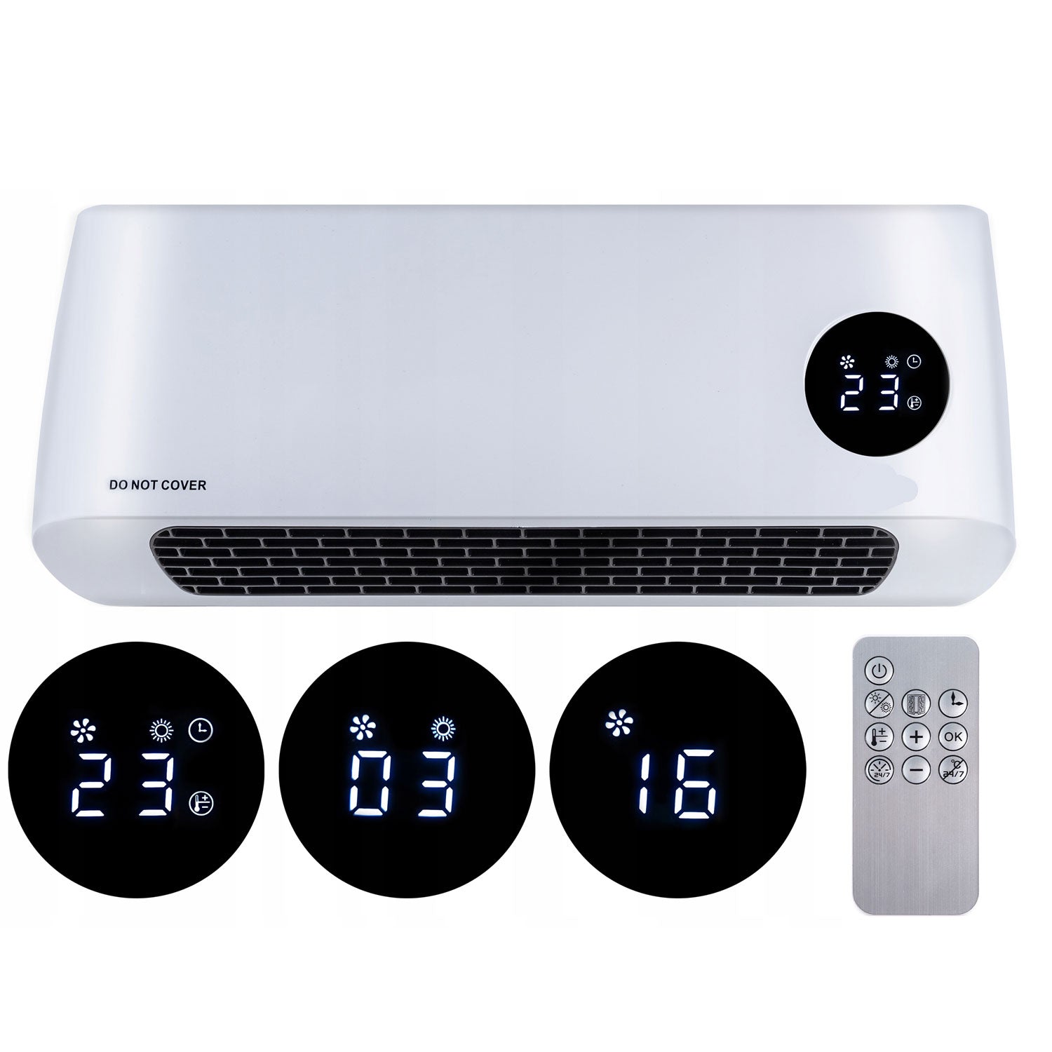 Aeroterma de perete, 2000W, telecomanda, timer, display LED, reglare flux, alb