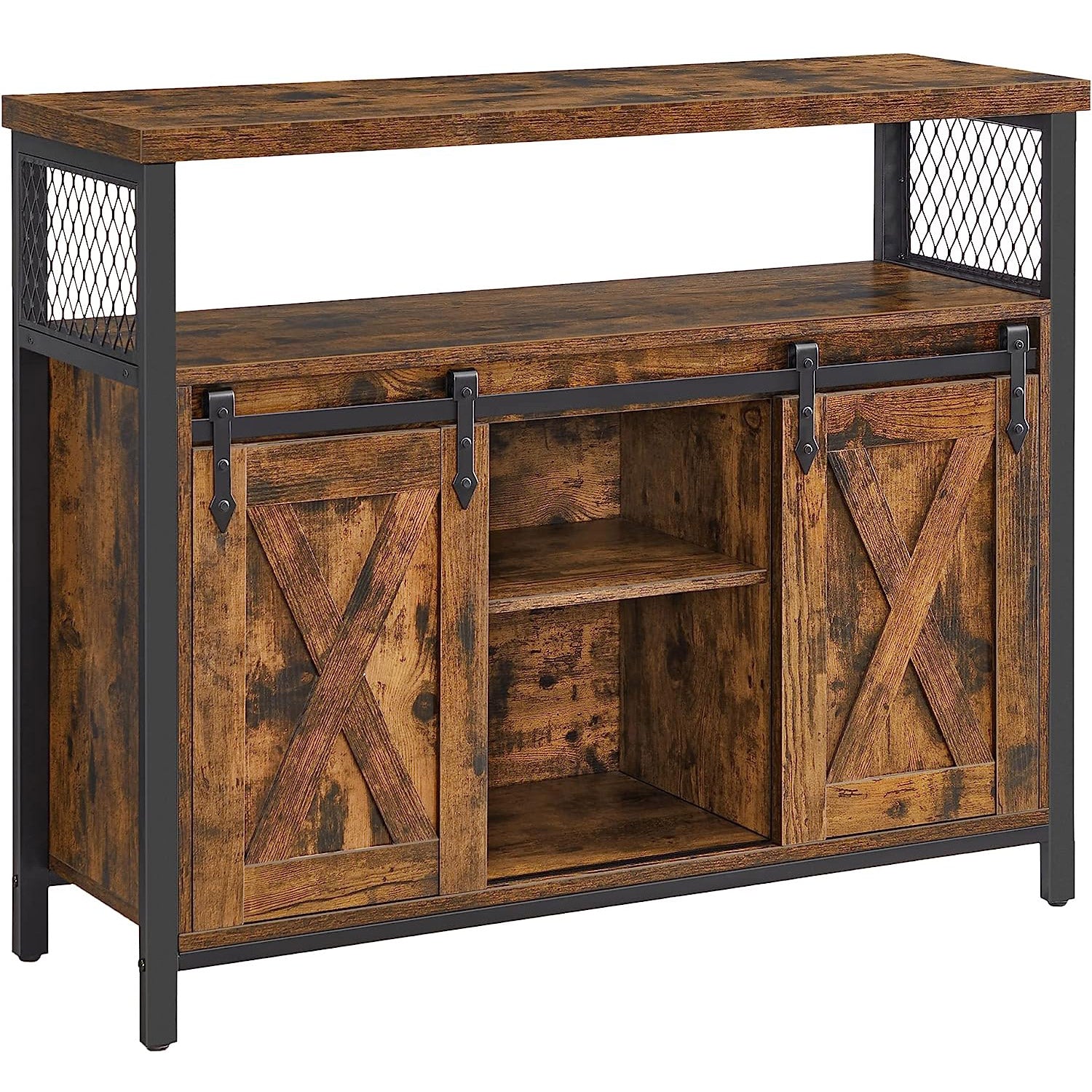 Comoda pentru living sau bucatarie, cu 2 usi glisante, rafturi reglabile, stil rustic, 33x100x80cm, maro si negru