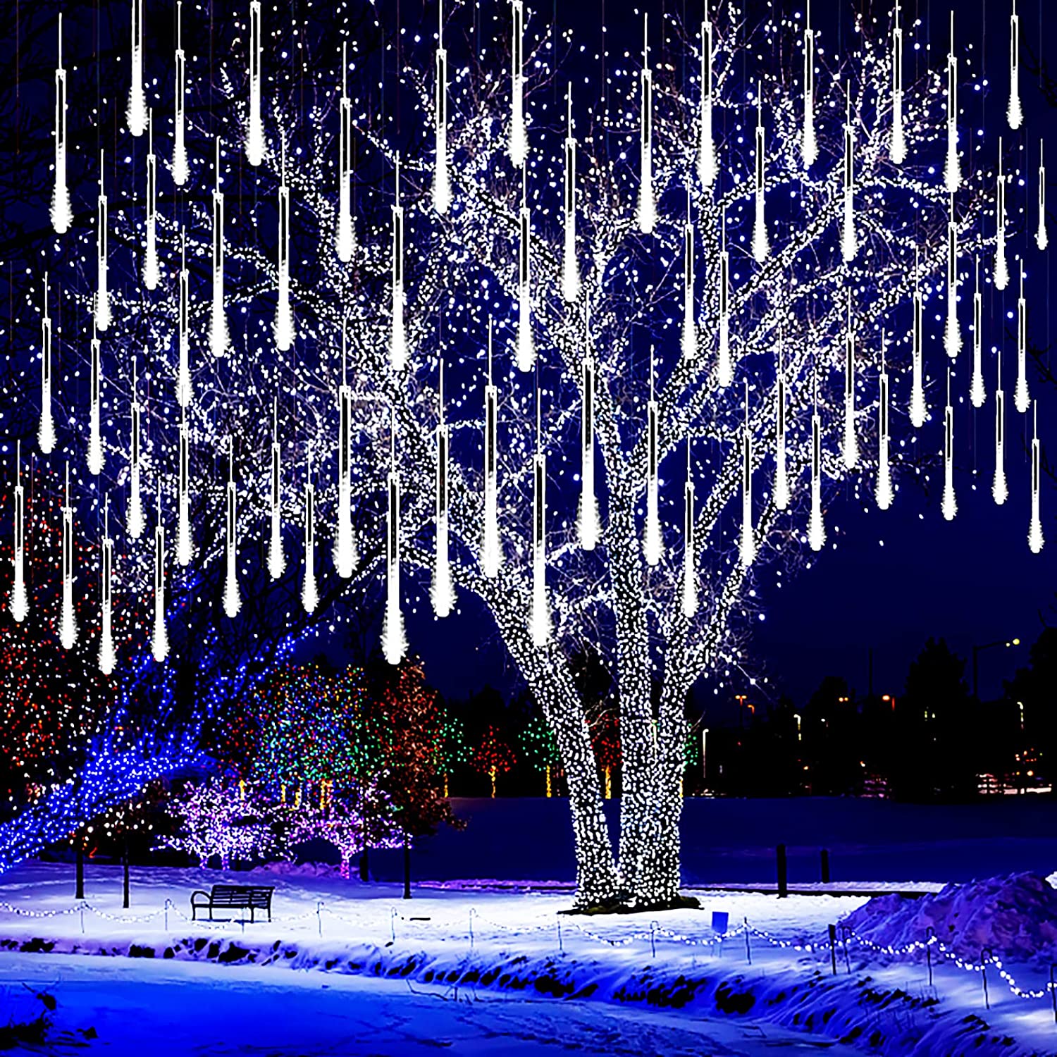 (DL) Instalatie de Craciun, 8 tuburi, 30cm, 144 LED, ploaie de meteoriti, alb