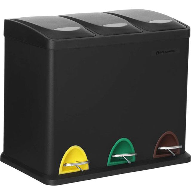 SONGMICS Cos de gunoi din otel cu 3 compartimente colectare selectiva, cu galeti interioare, 3x8litri, negru mat