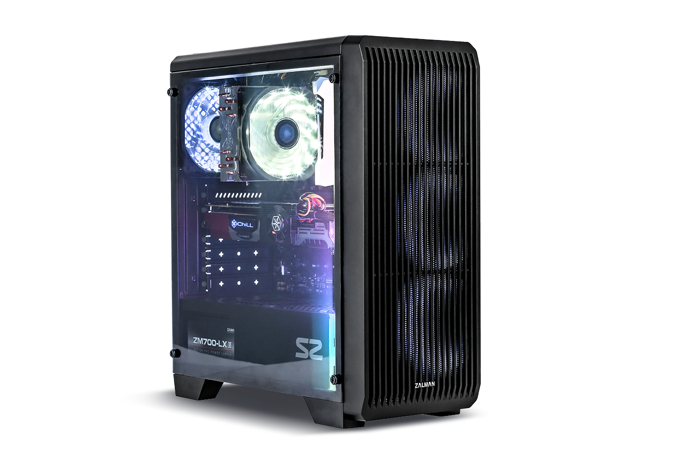 CARCASA Zalman "S2", middle tower, gaming, fara sursa, suporta 8xfan, 1xfan inclus, PSU shroud, USB 3.1 gen1 x 1, USB 2.0 x 2, audio+mic, 7 sloturi expansiune, negru, "S2"