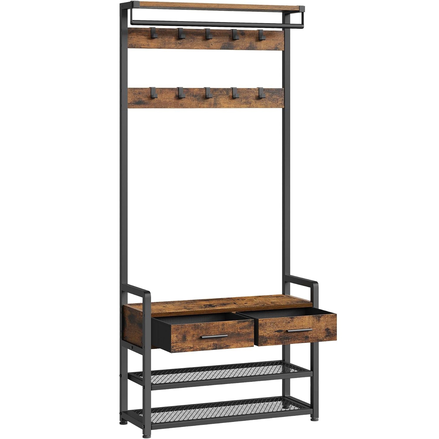 VASAGLE Cuier cu polite de depozitare pantofi si 2 sertare, cadru din otel, stil industrial, 30x80x182cm, maro rustic