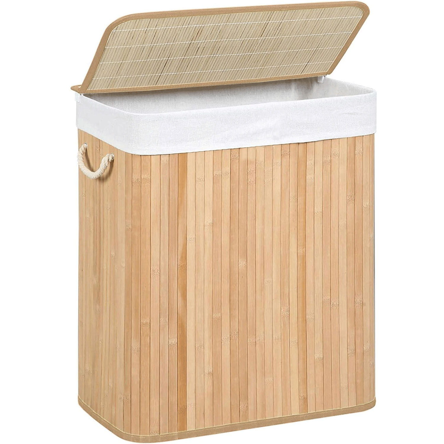 SONGMICS Cos de rufe din bambus cu capac, sac detasabil, volum 100L, 52x32x61 cm, maro