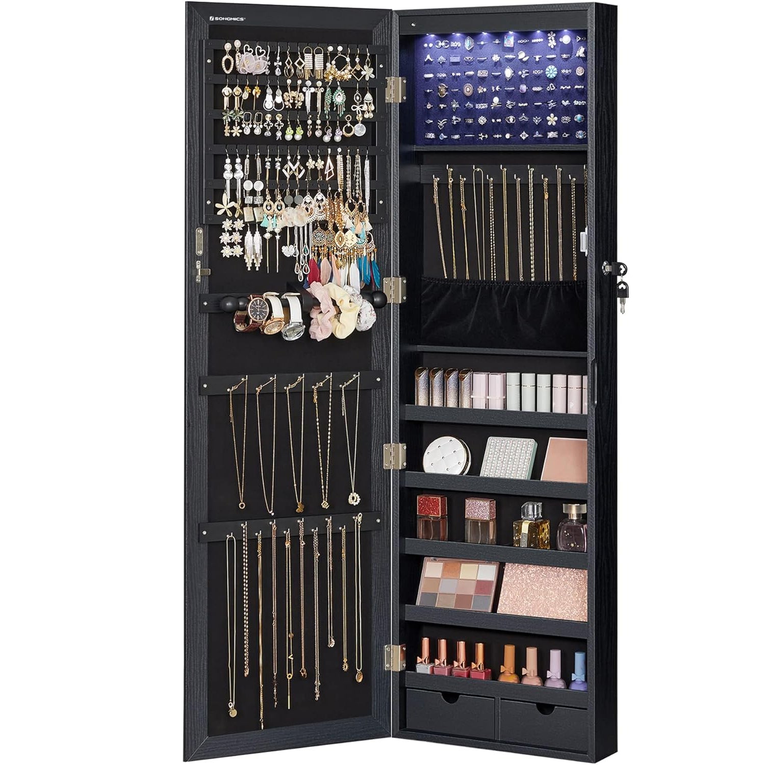 SONGMICS Dulap pentru bijuterii cu oglinda, montare pe perete sau usa, material MDF, inchidere cu cheie, 120x37x10 cm, negru