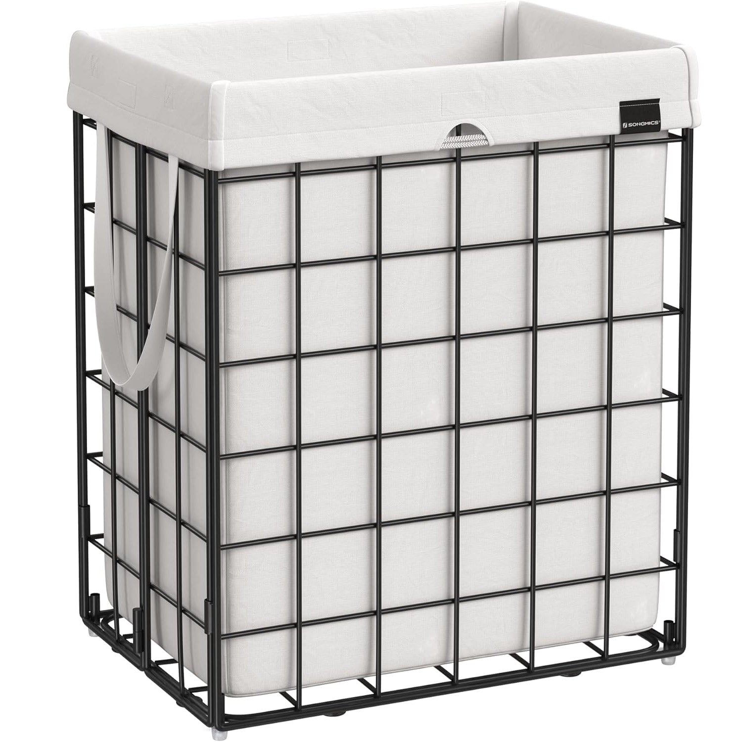SONGMICS Cos de rufe pliabil cu cadru metalic, sac detasabil si lavabil, 90L, 48x33x58cm, negru si alb