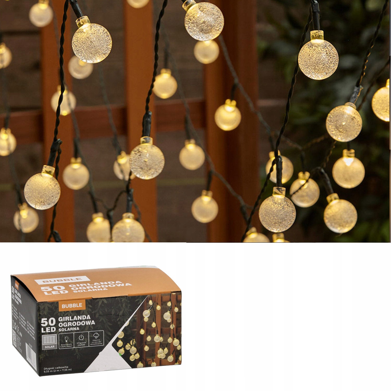 Ghirlanda luminoasa, LED, model Bubble, 50 becuri, 935cm, incarcare solara, lumina alb cald - 7