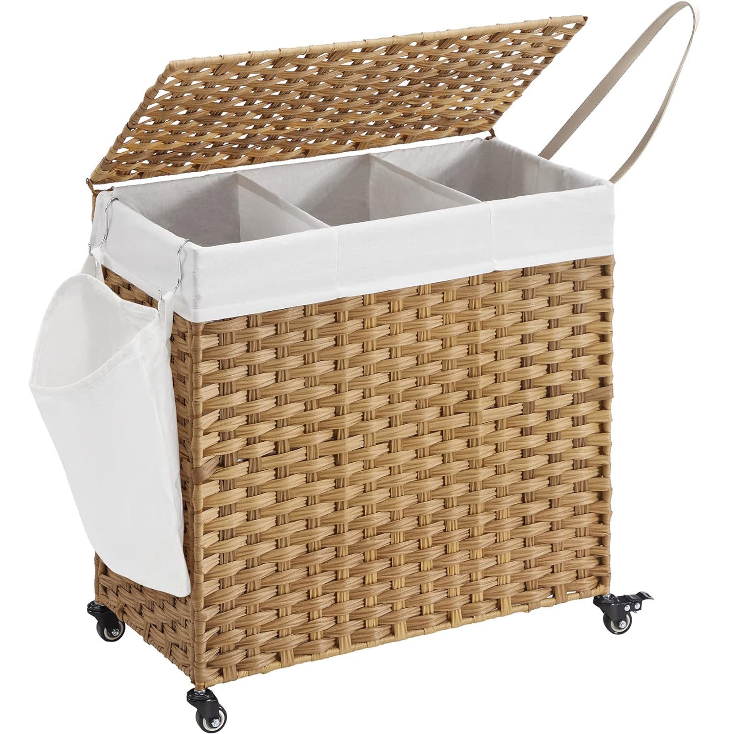 SONGMICS Cos de rufe tesut manual, cu captuseala detasabila lavabila, 3 compartimente, stil ratan, 140 litri, 66x33x60 cm, maro