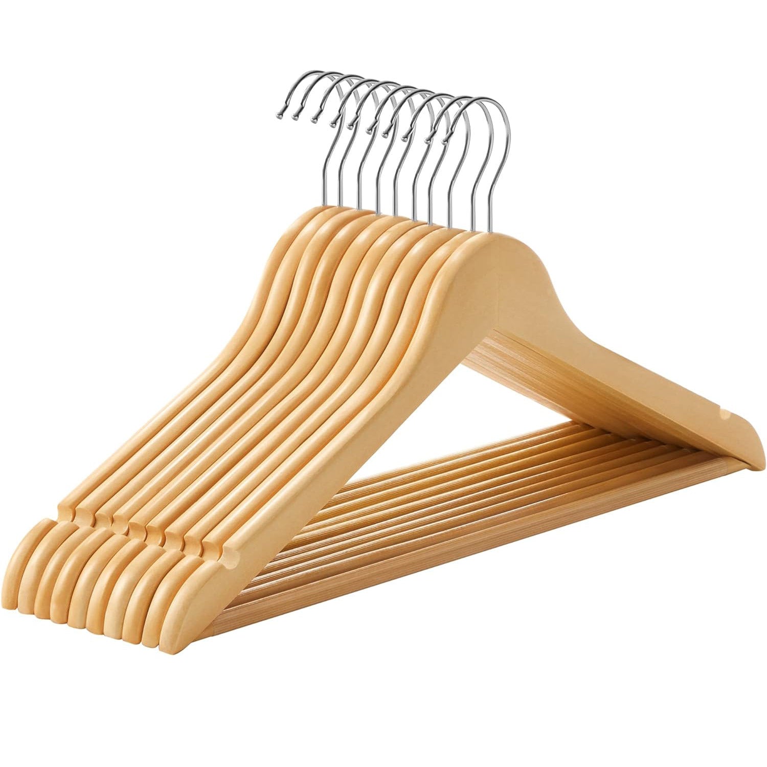 SONGMICS Set de 10 umerase din lemn, cu bara anti-alunecare pentru pantaloni, carlig pivotant la 360°, 45cm, natur