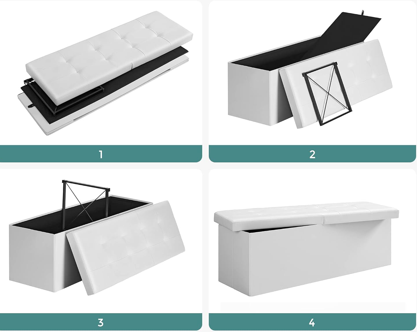 SONGMICS Taburet pliabil cu sezut moale, spatiu de depozitare 120litri, maxim 300kg, 110x38x38cm, alb