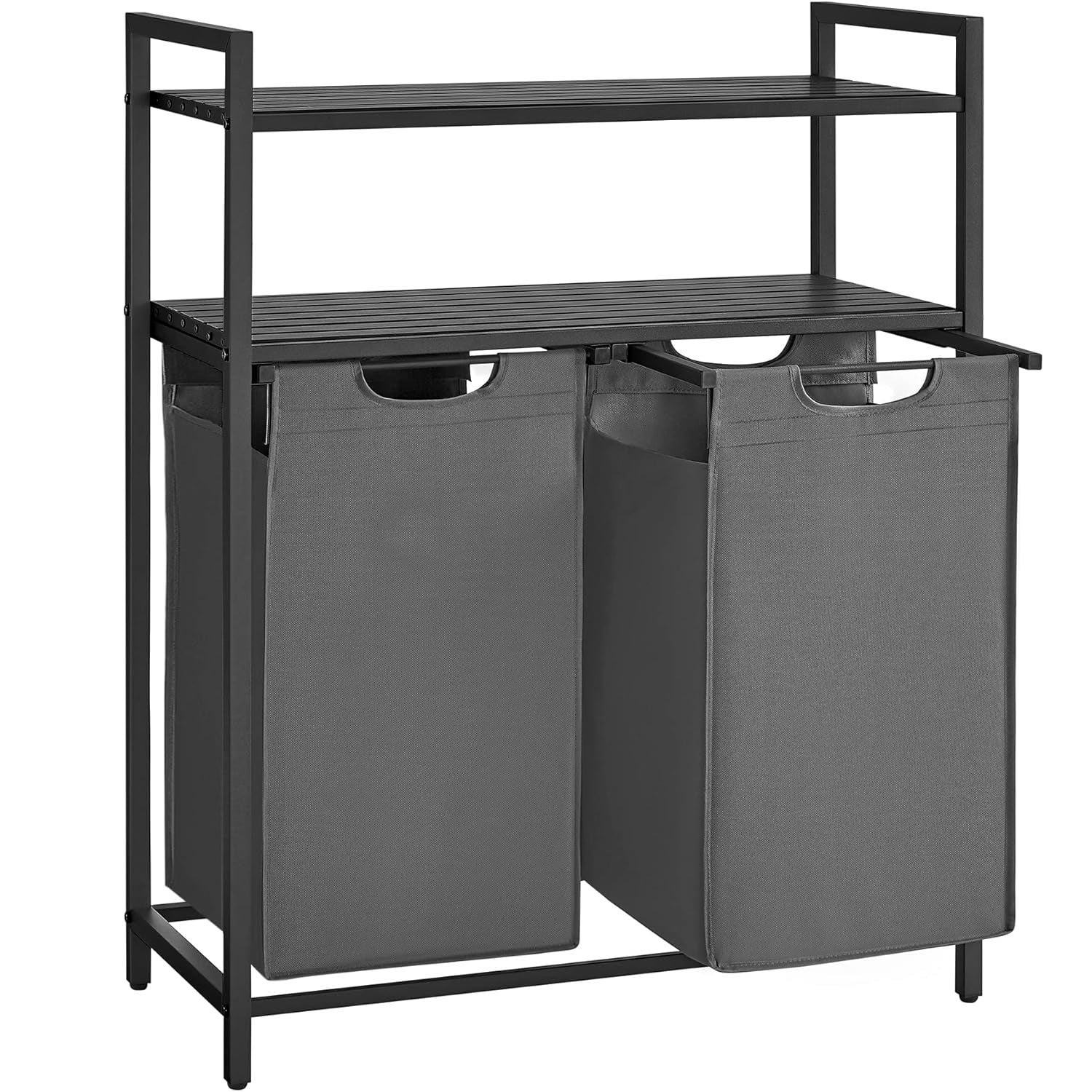 VASAGLE Cos de rufe, cu 2 saci detasabili, 2 rafturi, capacitate de 46L per sac, 73x33x92cm , negru si gri