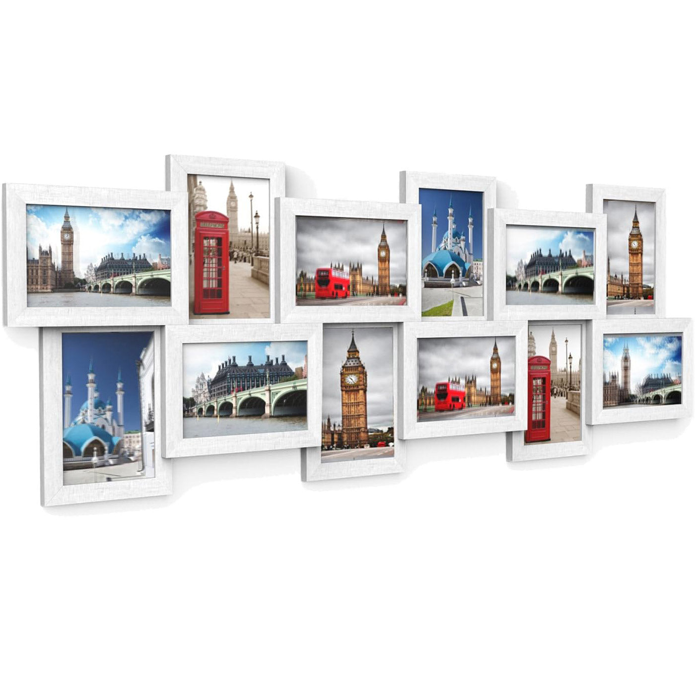SONGMICS Rama foto de perete din MDF cu sticla, colaj de 12 fotografii, 89x33cm, alb gri