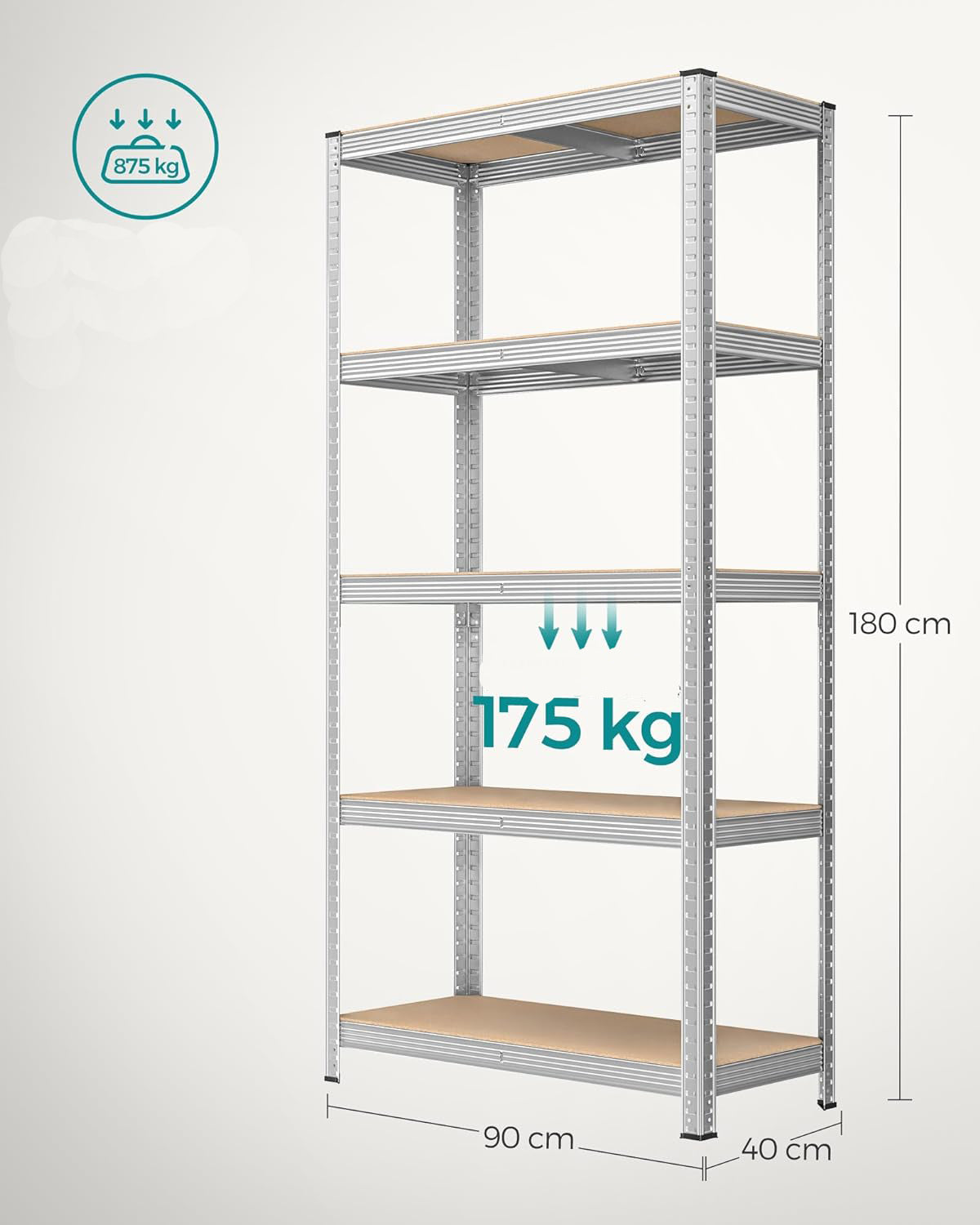 SONGMICS Set de 2 Rafturi de depozitare, cadru din otel armat, polite din MDF, max 2x875kg, 180x90x40cm, gri
