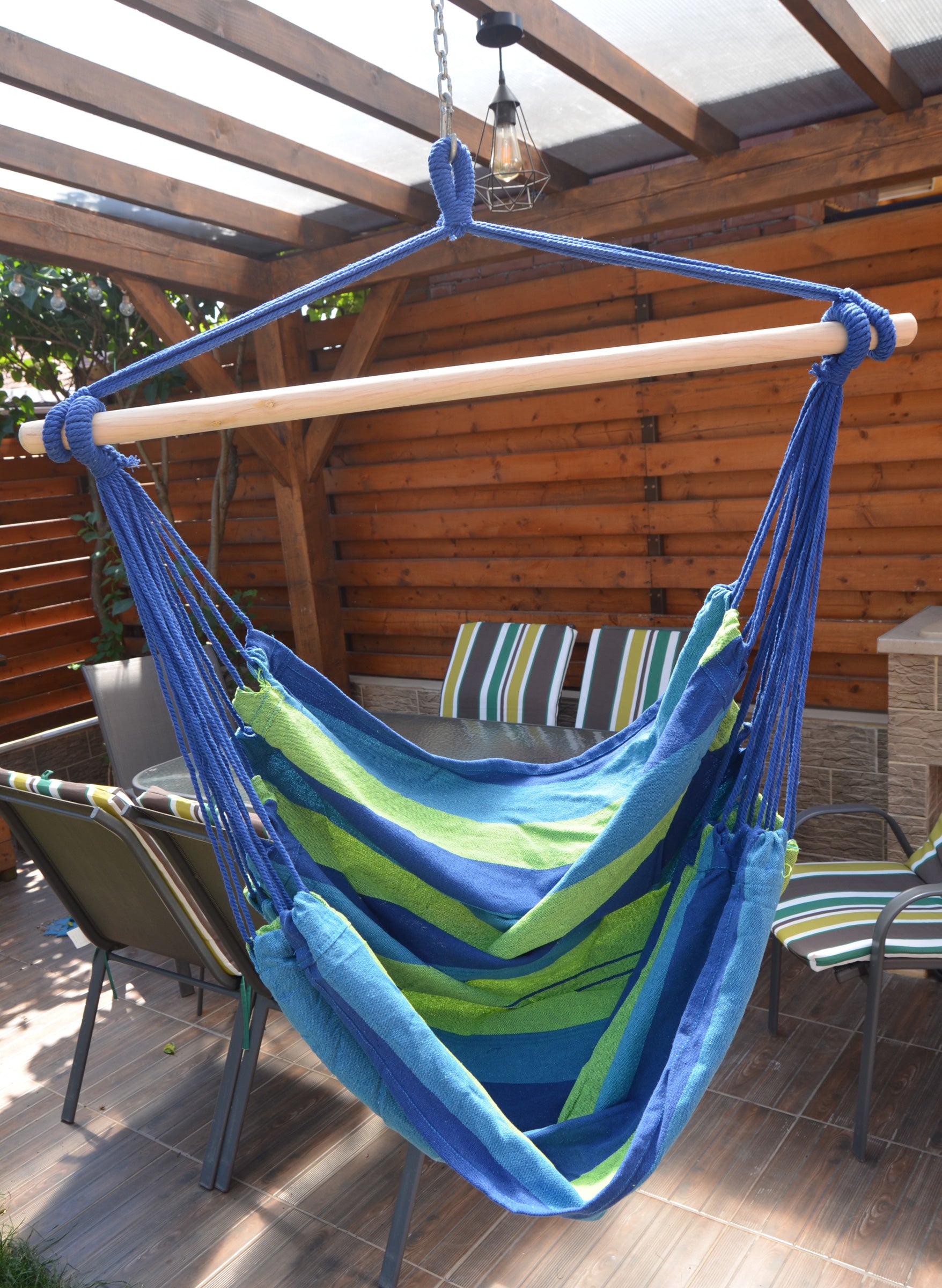 Hamac tip leagan suspendat pentru casa sau gradina, albastru-verde, 130x100cm, 150kg