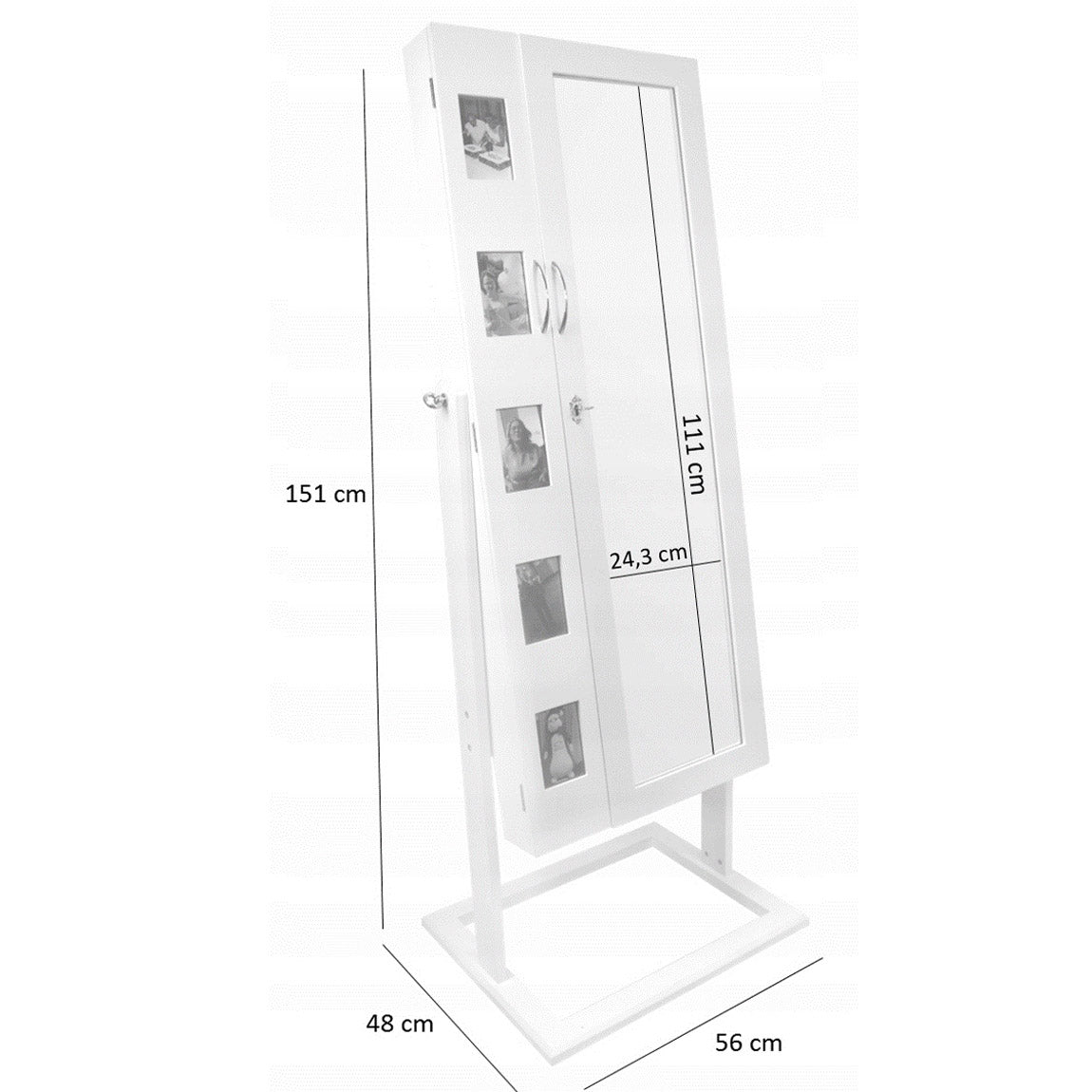 Dulap de toaleta cu oglinda, 2 usi cu spatiu dublu de depozitare bijuterii si cosmetice, 5 rame foto, 48x56x151cm, alb