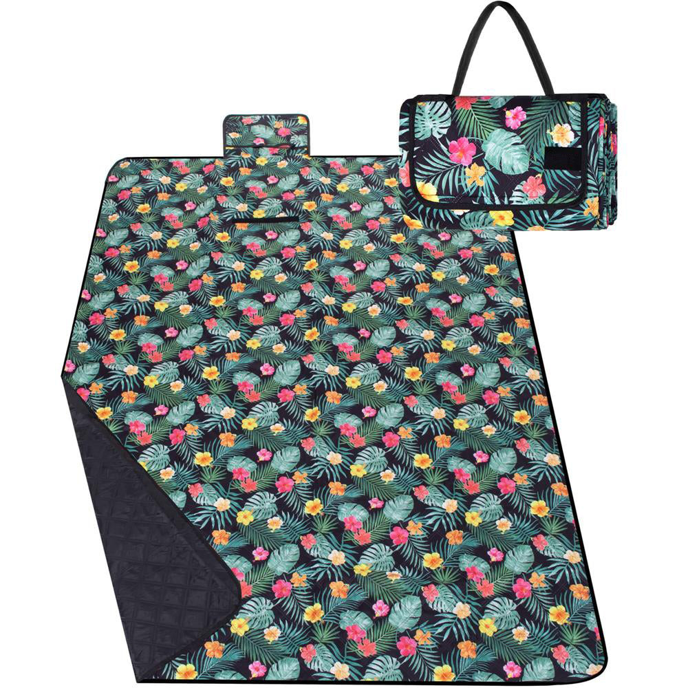 Patura pentru picnic sau plaja, cu folie izolatoare si maner, 150x200cm, negru floral