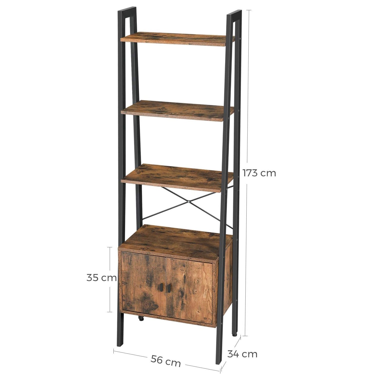 Biblioteca tip scara, cu dulap si 4 rafturi din MDF, stil industrial, 34x56x172cm, maro rustic si negru