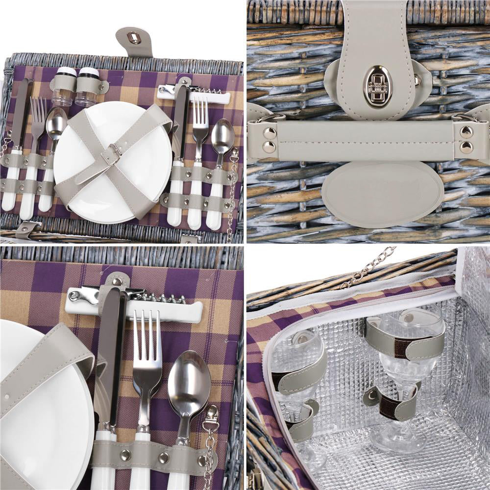 Cos de picnic echipat pentru 4 persoane Deluxe, din rachita, cu vesela si tacamuri, izolat termic, gri