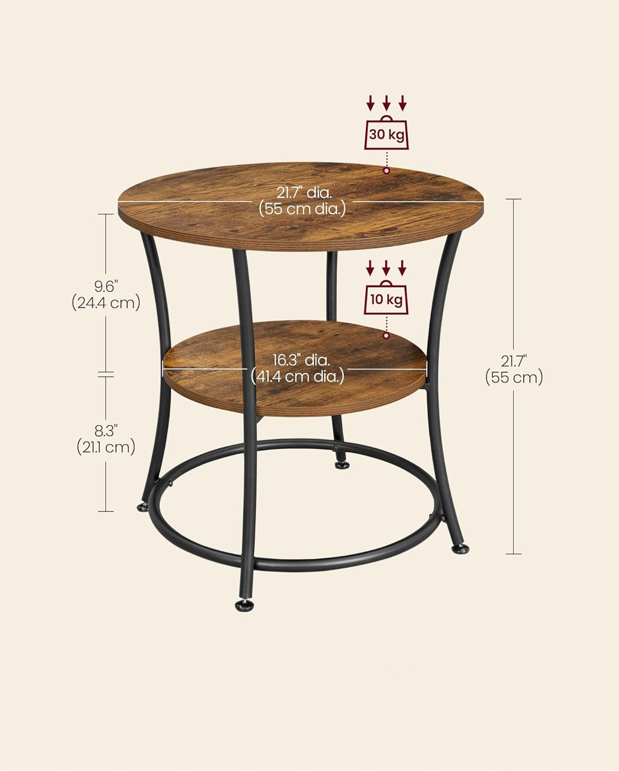 VASAGLE Masuta laterala rotunda, tip noptiera, cu 2 rafturi, cadru de otel, 55x55cm, maro rustic