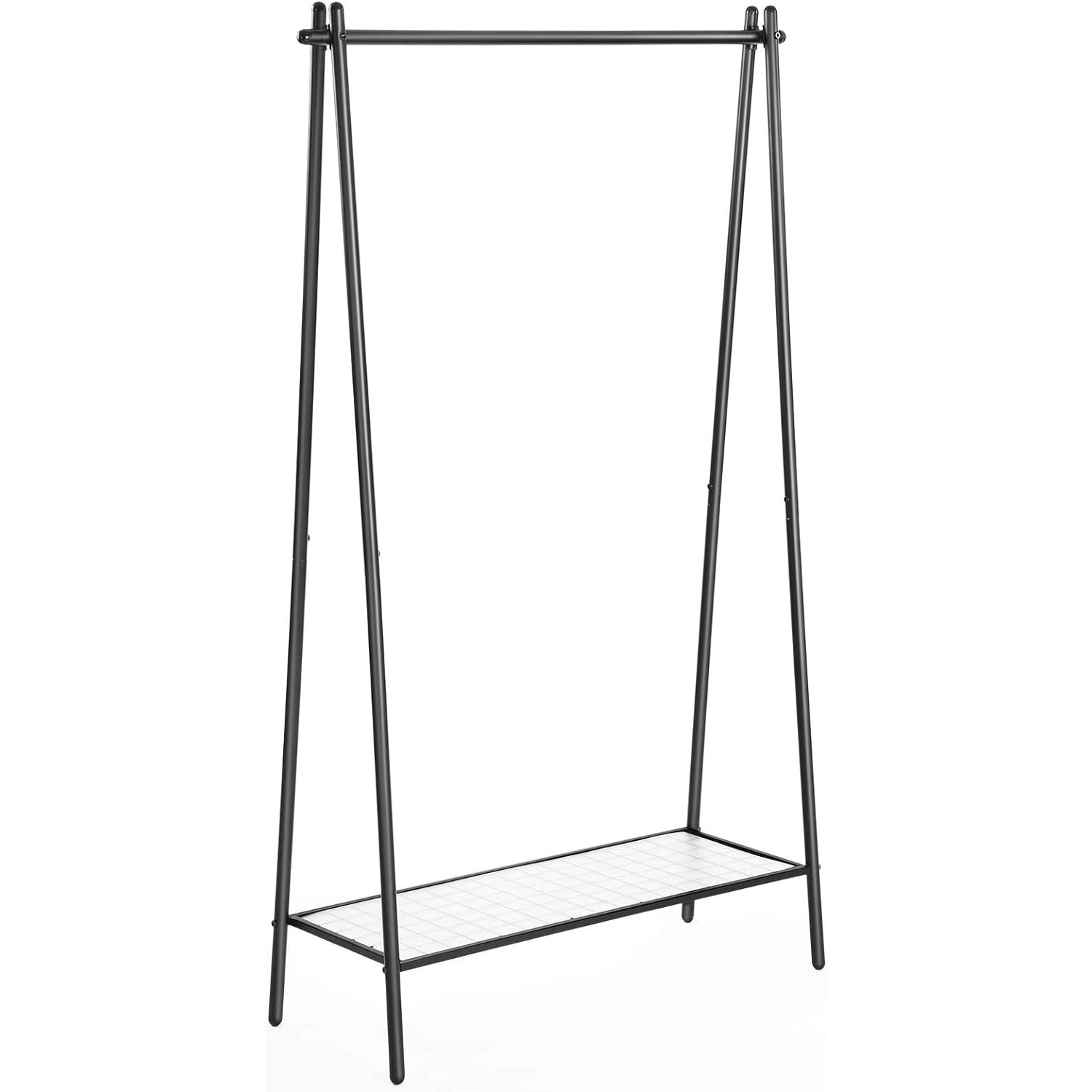 Suport pentru haine cu cadru din otel, cu sina de agatat si raft, 34x93x153cm, negru mat