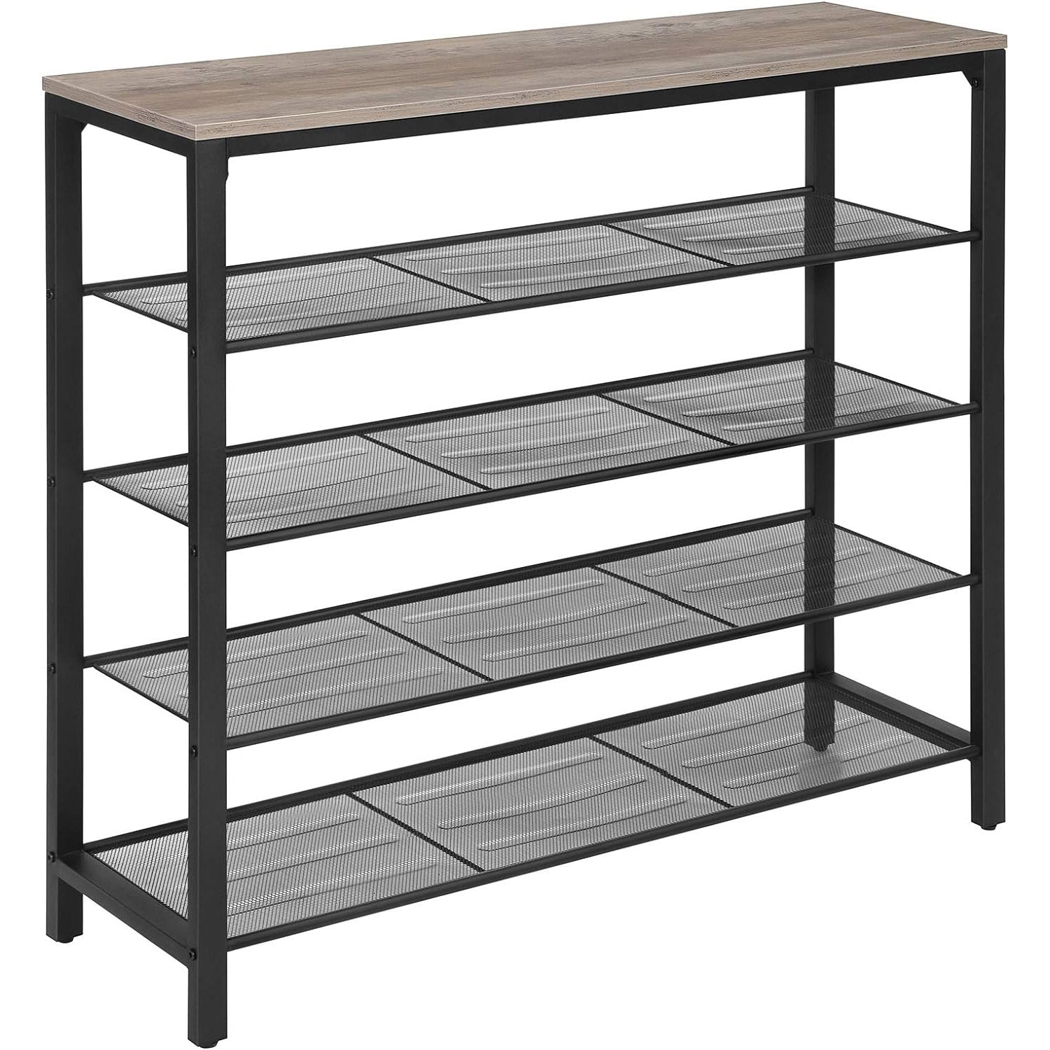 VASAGLE Raft de pantofi metalic, cu 4 nivele plus polita superioara, stil industrial, 100x30x93cm, gri si negru