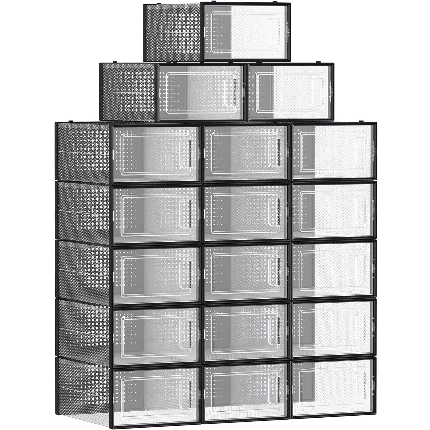 Cutii de pantofi, set de 18 organizatoare stivuibile, structura rezistenta ABS, 34x23x14cm, transparent si negru