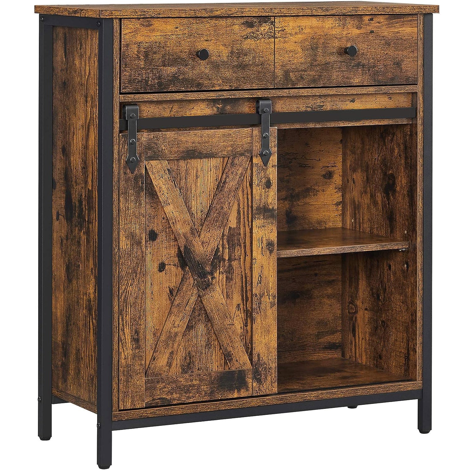 VASAGLE Comoda pentru living sau bucatarie, cu 2 sertare si usa glisanta, rafturi reglabile, stil rustic, 30x70x80cm, maro si negru