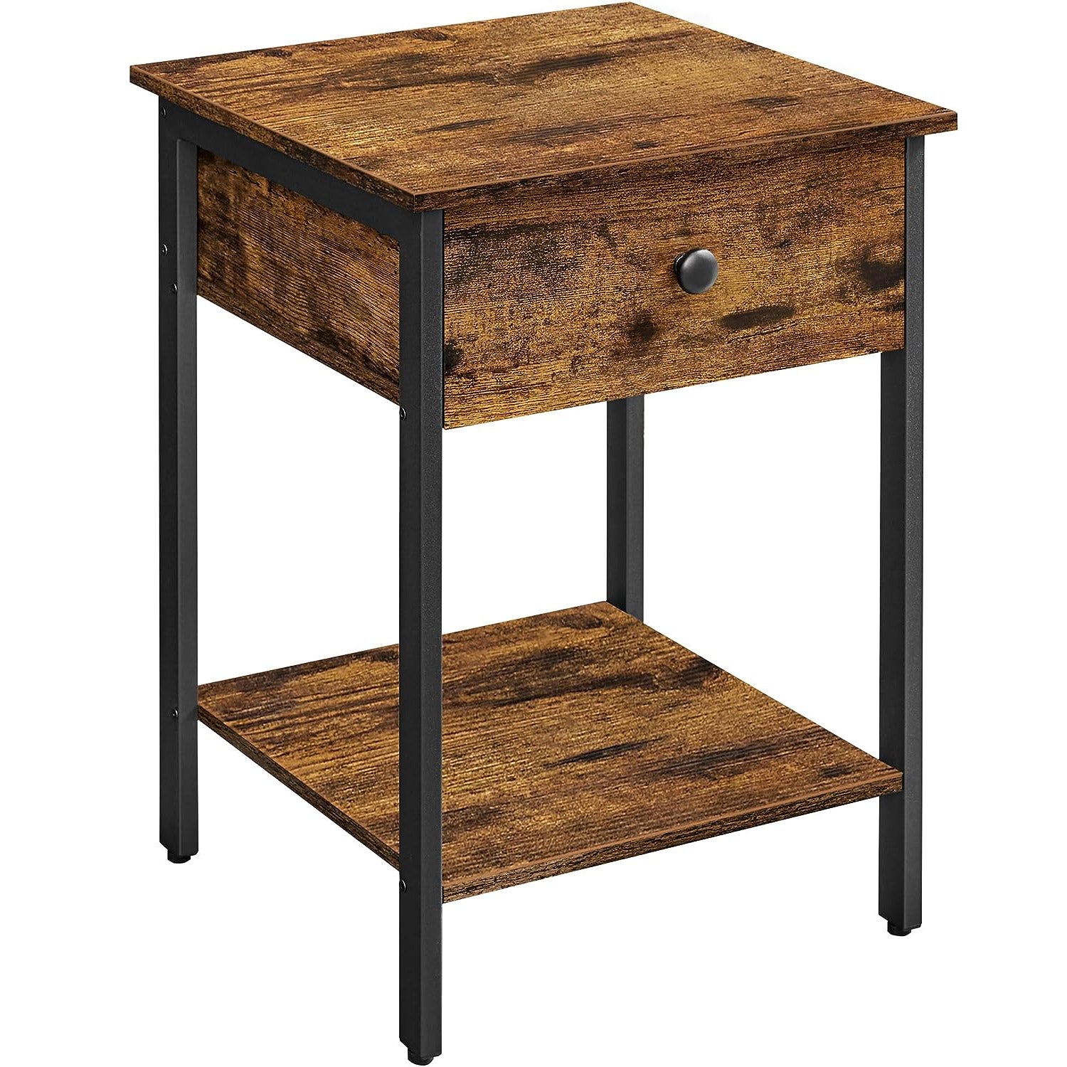 VASAGLE Noptiera din lemn cu cadru din otel, 1 sertar si 1 raft, 40x40x55, maro rustic si negru