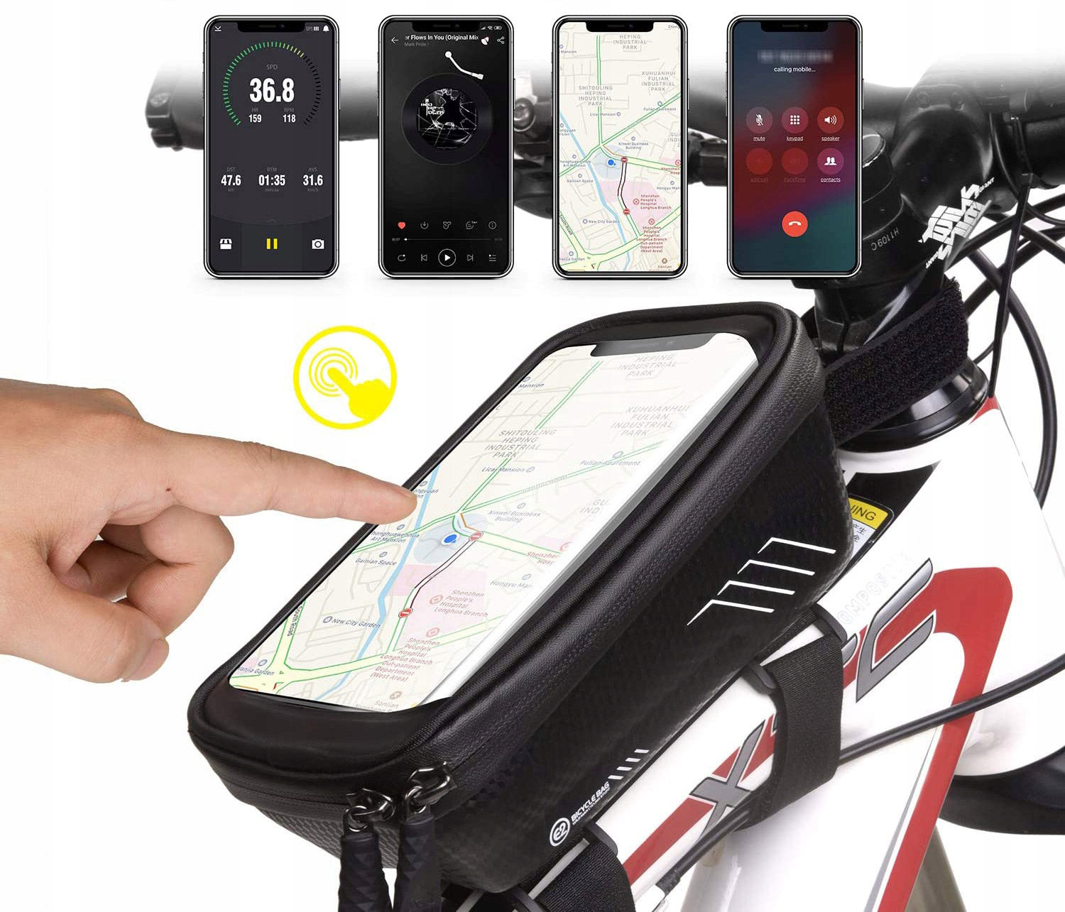 Borseta pentru bicicleta, impermeabila, cu husa pentru telefon, montare pe bara, 19,5x11x9cm