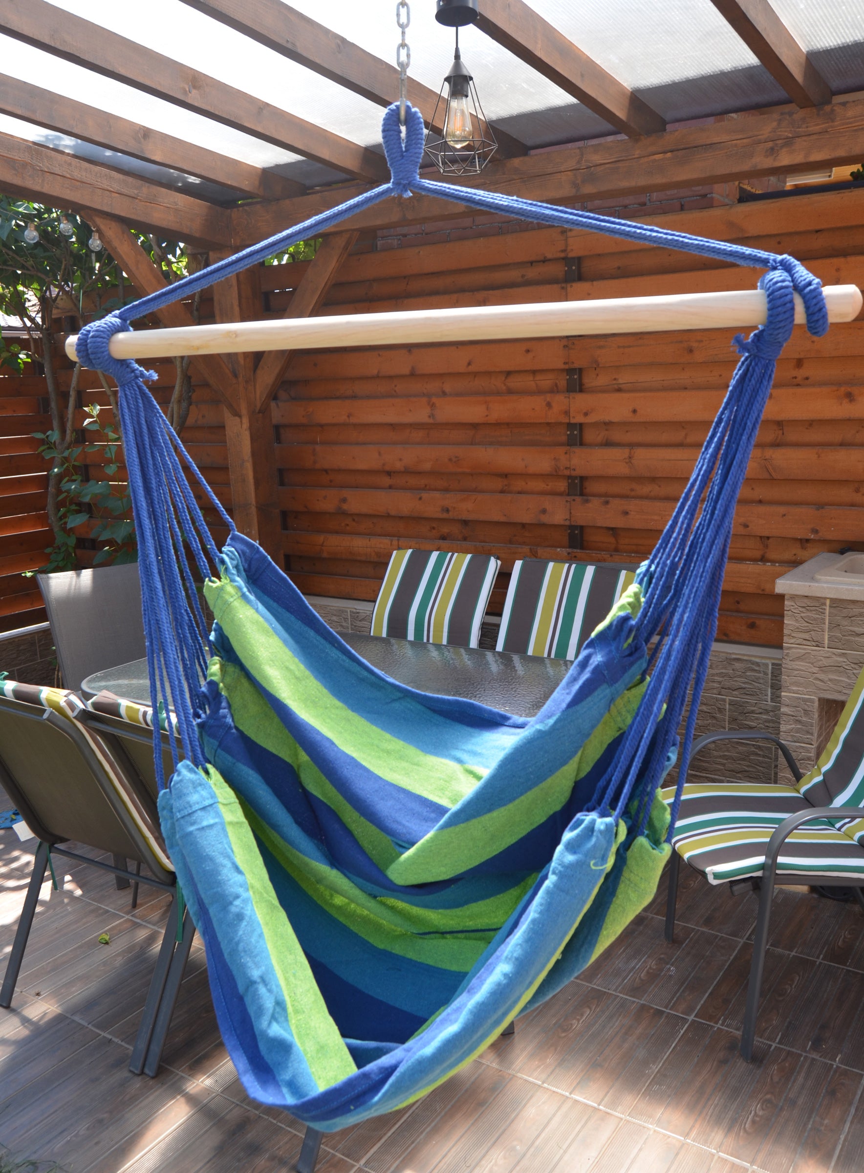 Hamac tip leagan suspendat pentru casa sau gradina, albastru-verde, 130x100cm, 150kg